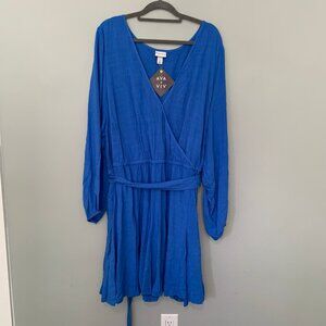NEW Ava & Viv blue long sleeve belted‎ knee length dress with pockets